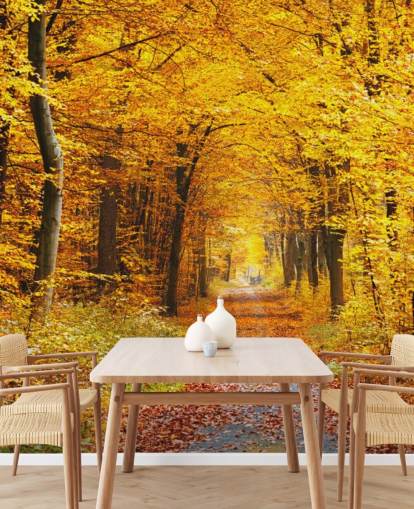 gelbe und orangefarbene Waldtapete namens Herbstwald mit gelben Blättern für Lounges, Heimbüros und Schlafzimmer gelbe und orangefarbene Waldtapete namens Herbstwald mit gelben Blättern für Lounges, Heimbüros und Schlafzimmer