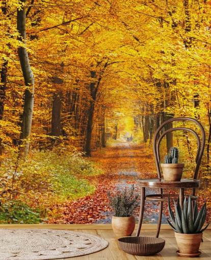 carta da parati murale con boschi gialli e arancioni chiamata Autumn Forest with Yellow Leaves per salotti, uffici domestici e camere da letto