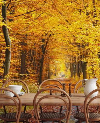 yellow and orange woodland wallpaper mural called Autumn Forest with Yellow Leaves for lounges, home offices and bedrooms