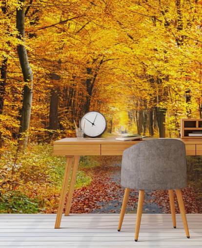 mural de papel pintado de un bosque amarillo y naranja llamado Bosque de otoño con hojas amarillas para salones, oficinas en casa y dormitorios