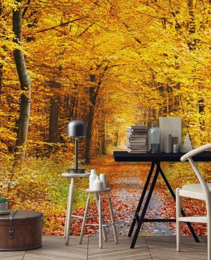 gul och orange skogstapetväggmålning kallad Autumn Forest with Yellow Leaves för lounger, hemmakontor och sovrum