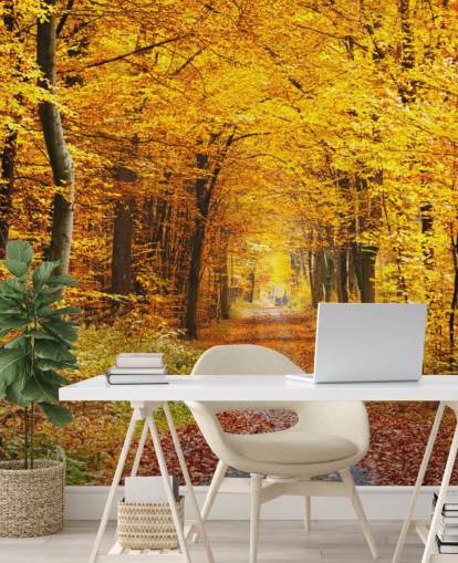 mural de papel pintado de un bosque amarillo y naranja llamado Bosque de otoño con hojas amarillas para salones, oficinas en casa y dormitorios mural de papel pintado de un bosque amarillo y naranja llamado Bosque de otoño con hojas amarillas para salones, oficinas en casa y dormitorios