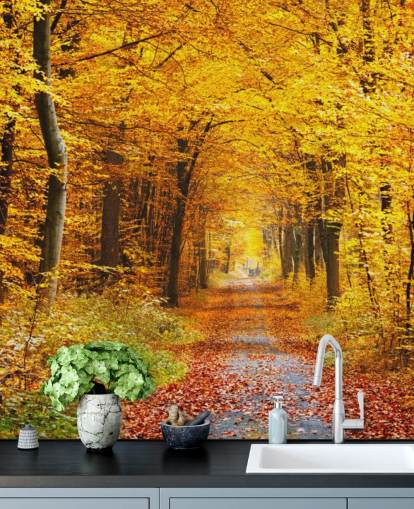 mural de papel pintado de un bosque amarillo y naranja llamado Bosque de otoño con hojas amarillas para salones, oficinas en casa y dormitorios