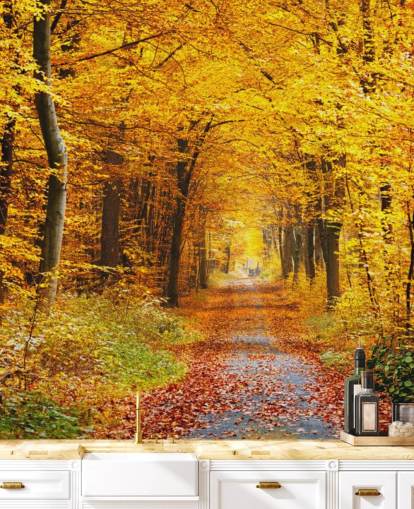 mural de papel pintado de un bosque amarillo y naranja llamado Bosque de otoño con hojas amarillas para salones, oficinas en casa y dormitorios