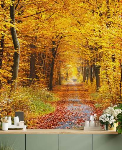 yellow and orange woodland wallpaper mural called Autumn Forest with Yellow Leaves for lounges, home offices and bedrooms