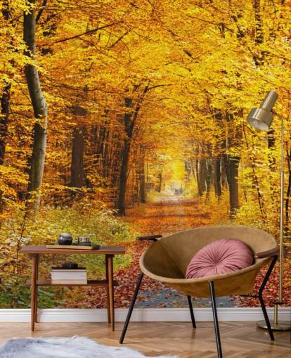 mural de papel pintado de un bosque amarillo y naranja llamado Bosque de otoño con hojas amarillas para salones, oficinas en casa y dormitorios