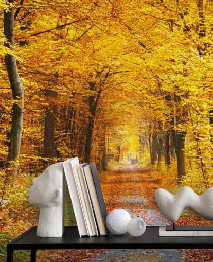 gul och orange skogstapetväggmålning kallad Autumn Forest with Yellow Leaves för lounger, hemmakontor och sovrum gul och orange skogstapetväggmålning kallad Autumn Forest with Yellow Leaves för lounger, hemmakontor och sovrum