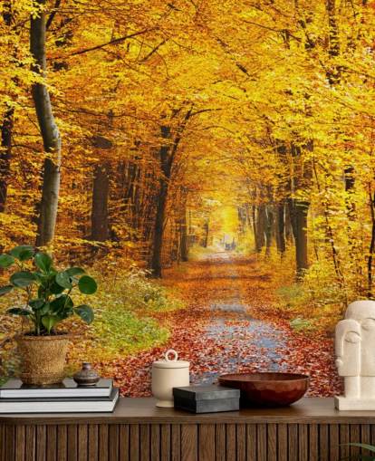 yellow and orange woodland wallpaper mural called Autumn Forest with Yellow Leaves for lounges, home offices and bedrooms