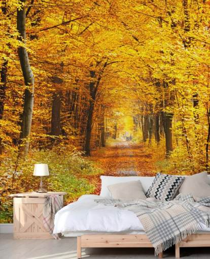yellow and orange woodland wallpaper mural called Autumn Forest with Yellow Leaves for lounges, home offices and bedrooms