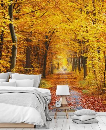 gelbe und orangefarbene Waldtapete namens Herbstwald mit gelben Blättern für Lounges, Heimbüros und Schlafzimmer gelbe und orangefarbene Waldtapete namens Herbstwald mit gelben Blättern für Lounges, Heimbüros und Schlafzimmer