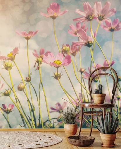 Pink Flowers in a Field Wall Mural Pink Flowers in a Field Wall Mural