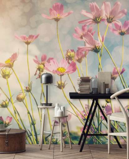 Papier Peint Fresque Fleurs roses dans un champ 