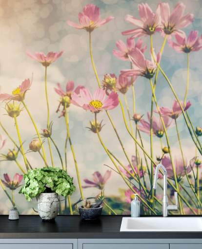 Mural de pared Flores rosas en un campo Mural de pared Flores rosas en un campo