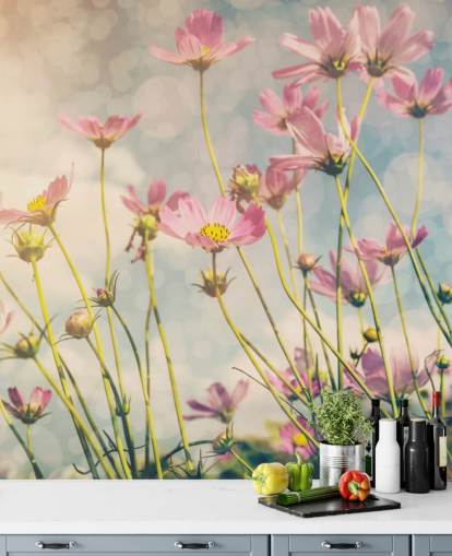 Pink Flowers in a Field Wall Mural 
