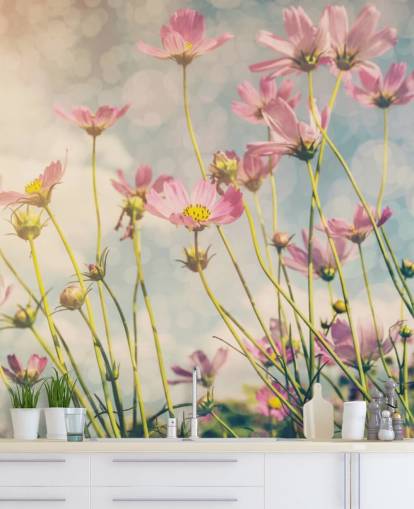 Pink Flowers in a Field Wall Mural 
