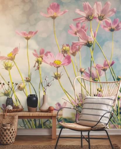 Papier Peint Fresque Fleurs roses dans un champ 