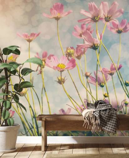 Pink Flowers in a Field Wall Mural 