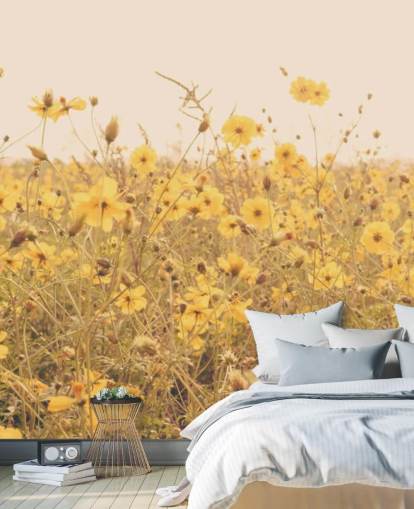 Floral Yellow Flowers in Field in Sepia Wall Mural