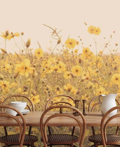 Flores amarelas florais em campo em Sepia Wall Mural
