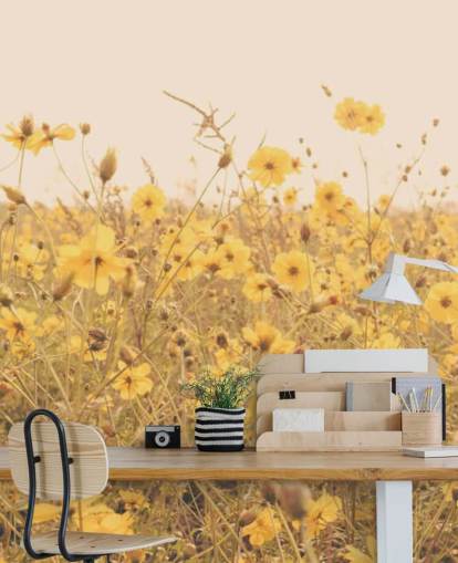 Floral Yellow Flowers in Field in Sepia Wall Mural