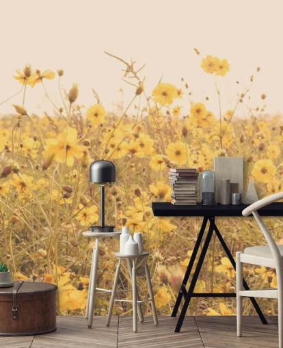 Floral Yellow Flowers in Field in Sepia Wall Mural