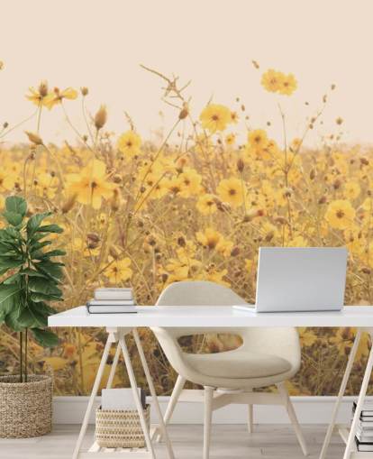 Floral Yellow Flowers in Field in Sepia Wall Mural