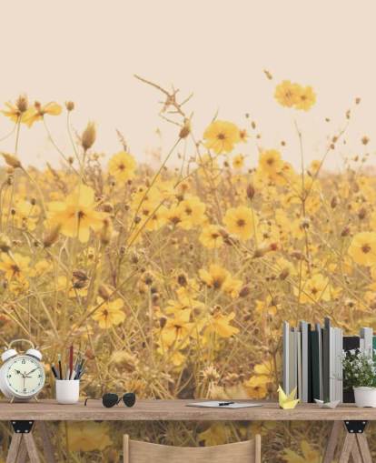 Floral Yellow Flowers in Field in Sepia Wall Mural