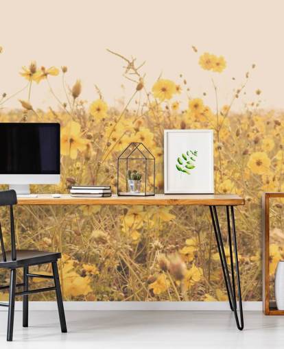 Floral Yellow Flowers in Field in Sepia Wall Mural