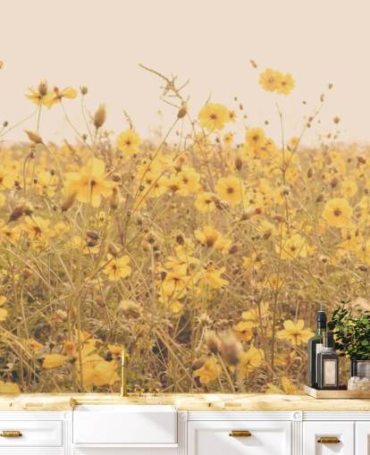 Décoration murale fleurs jaunes dans un champ en sépia