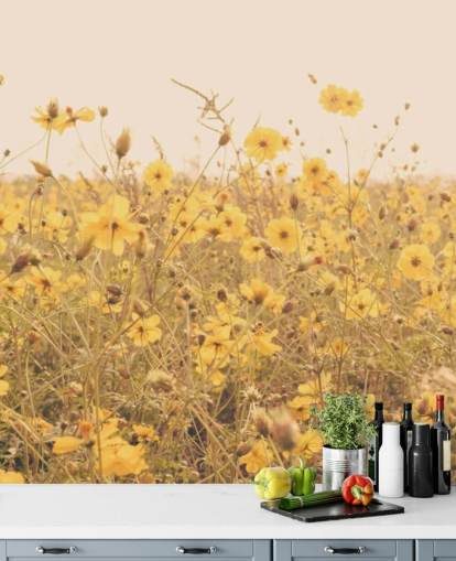 Décoration murale fleurs jaunes dans un champ en sépia