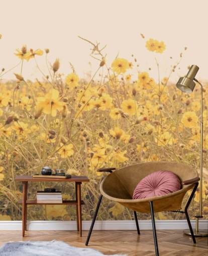 Décoration murale fleurs jaunes dans un champ en sépia Décoration murale fleurs jaunes dans un champ en sépia