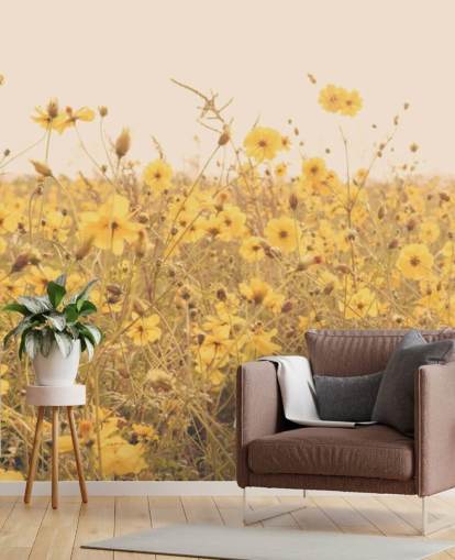 Floral Yellow Flowers in Field in Sepia Wall Mural