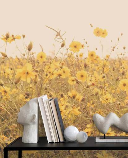 Floral Yellow Flowers in Field in Sepia Wall Mural