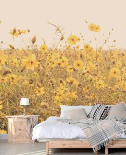 Floral Yellow Flowers in Field in Sepia Wall Mural