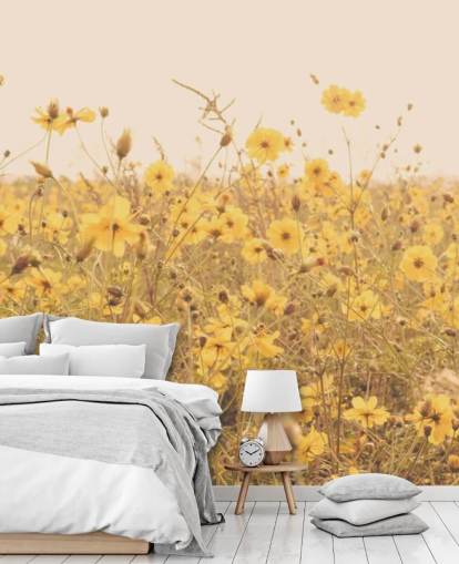Floral Yellow Flowers in Field in Sepia Wall Mural
