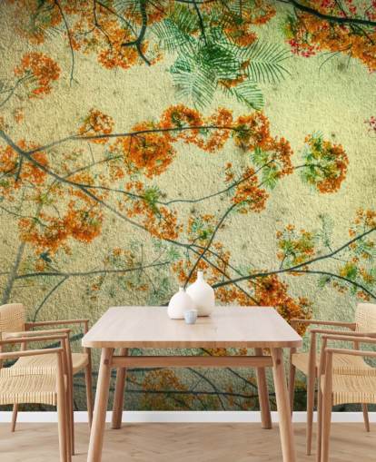 Papier Peint Floral Vintage Fleurs Orange