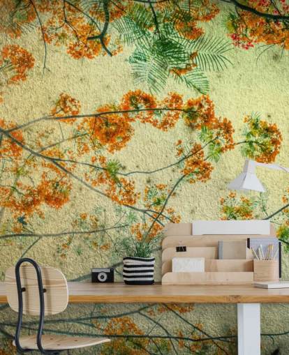 Papel pintado floral vintage de flores naranjas