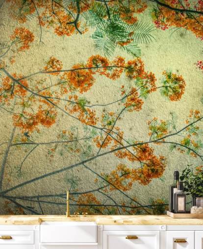 Papier Peint Floral Vintage Fleurs Orange