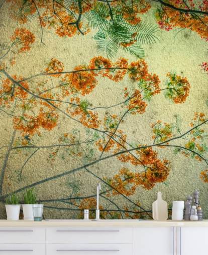 Papel pintado floral vintage de flores naranjas