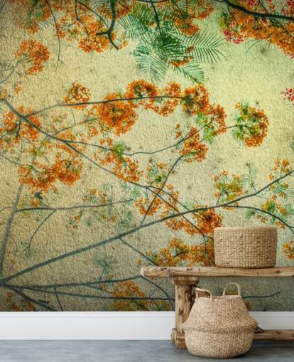 Papel pintado floral vintage de flores naranjas