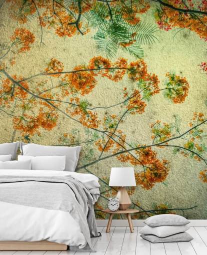 Papel pintado floral vintage de flores naranjas