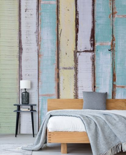 Mural de paredes de paneles de madera en tonos azules y blancos