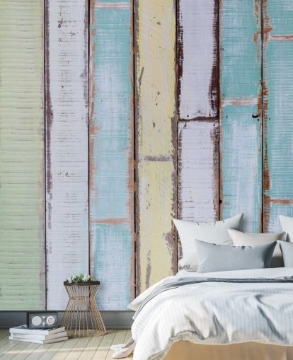Mural de paredes de paneles de madera en tonos azules y blancos