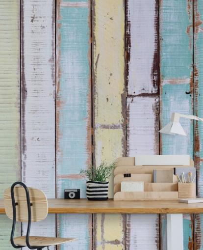Mural de paredes de paneles de madera en tonos azules y blancos