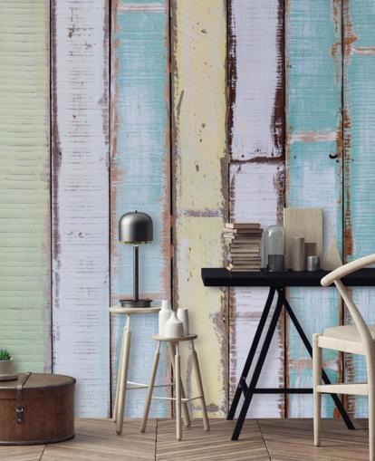 Decorazione murale con pannelli in legno con sfumature di blu e bianco