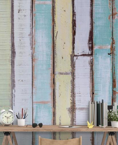 Mural de paredes de paneles de madera en tonos azules y blancos