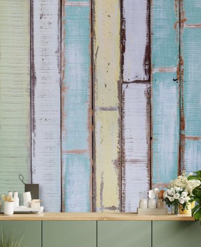 Decorazione murale con pannelli in legno con sfumature di blu e bianco