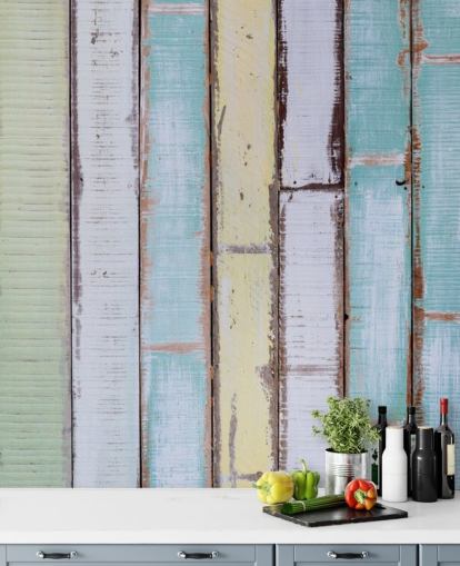 Decorazione murale con pannelli in legno con sfumature di blu e bianco