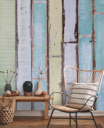 Mural de paredes de paneles de madera en tonos azules y blancos