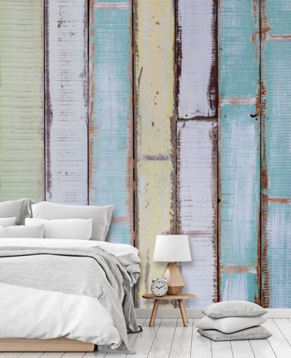 Mural de paredes de paneles de madera en tonos azules y blancos